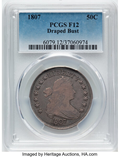 image for: 1807 50C Draped Bust, O-109a, T-2, Low R.4, Fine 12 PCGS.  CDN: $528 Whsle. Bid for NGC/PCGS Fine 12. Mintage 301,076....