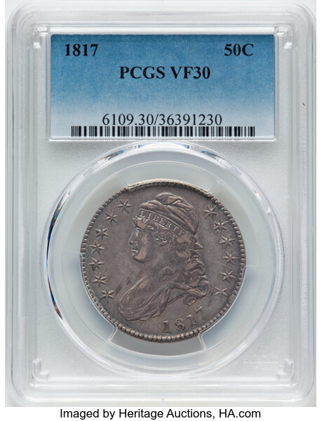 image for: 1817 50C O-110, R.2, VF30 PCGS.  CDN: $260 Whsle. Bid for NGC/PCGS VF30. Mintage 1,215,567....