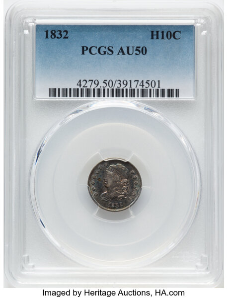 image for: 1832 H10C V-2, LM-12, R.2, AU50 PCGS. CDN: $220 Whsle. Bid for NGC/PCGS AU50. Mintage 965,000....