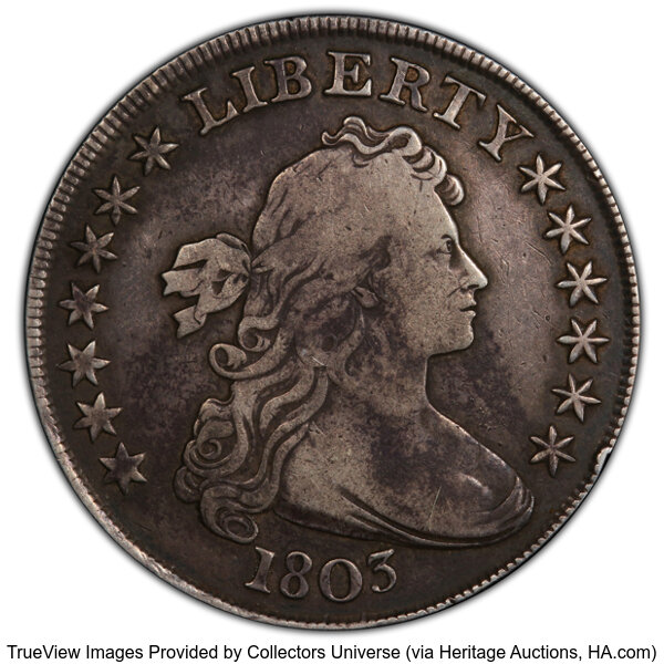 image for: 1803 $1 Small 3, B-5, BB-252, R.3, Fine 15 PCGS. PCGS Population: 40 in 15, 348 finer (11/25). CDN: $2,090 Whsle. Bid for N...