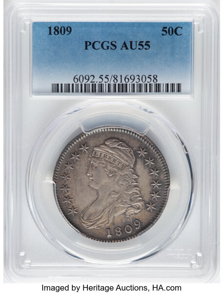 image for: 1809 50C Normal Edge, O-105, R.2, AU55 PCGS. CDN: $1,100 Whsle. Bid for NGC/PCGS AU55....