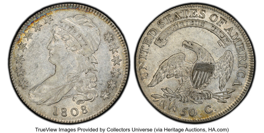 image for: 1808 50C O-103, R.1, XF45 PCGS.  CDN: $600 Whsle. Bid for NGC/PCGS XF45. Mintage 1,368,600....