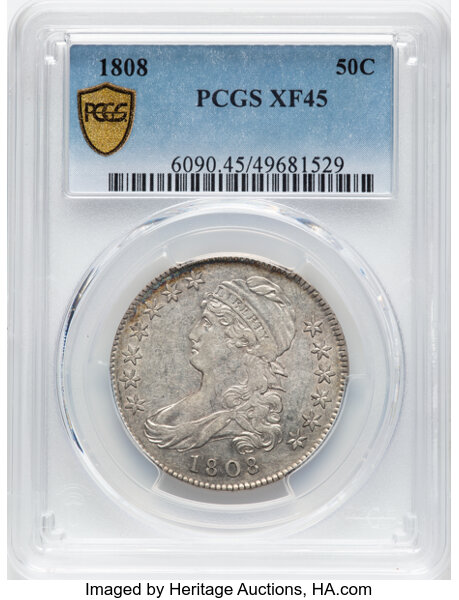 image for: 1808 50C O-103, R.1, XF45 PCGS.  CDN: $600 Whsle. Bid for NGC/PCGS XF45. Mintage 1,368,600....