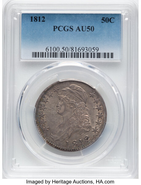image for: 1812 50C Large 8, O-109a, R.2, AU50 PCGS. CDN: $575 Whsle. Bid for NGC/PCGS AU50. Mintage 1,628,059....