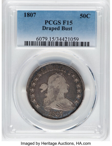 image for: 1807 50C Draped Bust, O-109a, T-2, Low R.4, Fine 15 PCGS. CDN: $600 Whsle. Bid for NGC/PCGS Fine 15. Mintage 301,076....