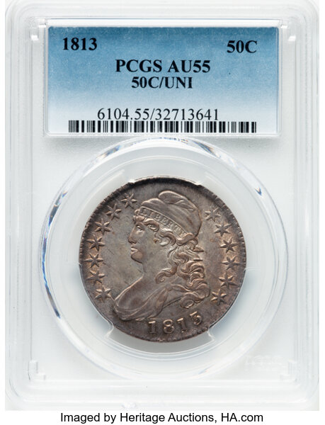 image for: 1813 50C 50 C Over UNI, O-101, R.1, AU55 PCGS. CDN: $1,900 Whsle. Bid for NGC/PCGS AU55. Mintage 1,241,903....