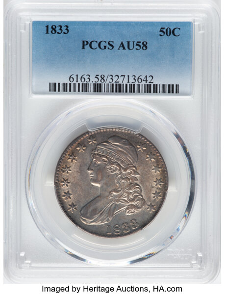 image for: 1833 50C O-109, R.1, AU58 PCGS.  CDN: $600 Whsle. Bid for NGC/PCGS AU58. Mintage 5,206,000....