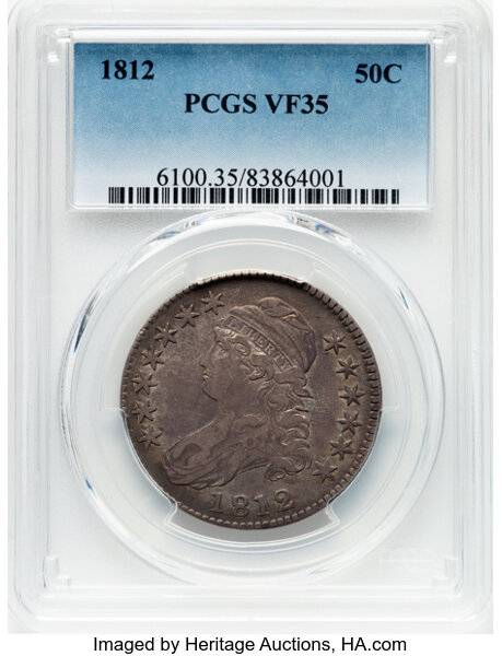 image for: 1812 50C Large 8, O-105a, R.1, VF35 PCGS.  CDN: $320 Whsle. Bid for NGC/PCGS VF35. Mintage 1,628,059....
