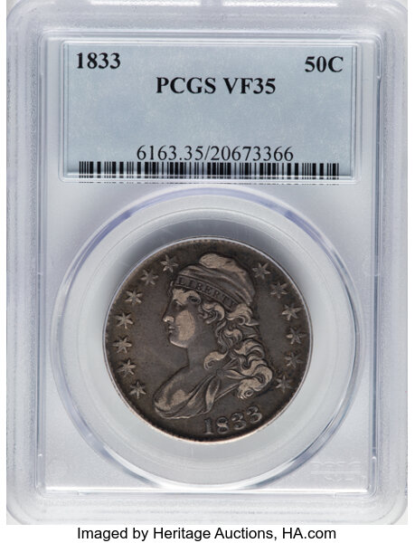image for: 1833 50C O-102, R.1, VF35 PCGS.  CDN: $130 Whsle. Bid for NGC/PCGS VF35. Mintage 5,206,000....