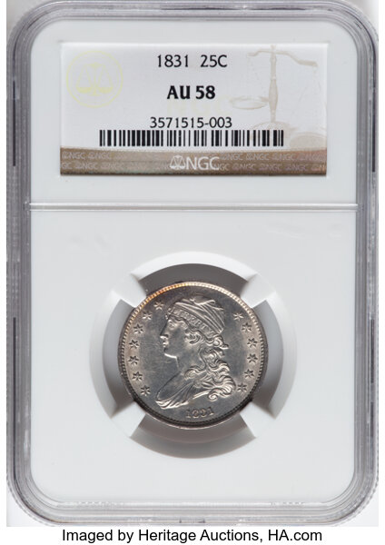 image for: 1831 25C Small Letters, B-4, R.1, AU58 NGC. NGC Census: 77 in 58, 217 finer (11/25). CDN: $1,440 Whsle. Bid for NGC/PCGS AU...