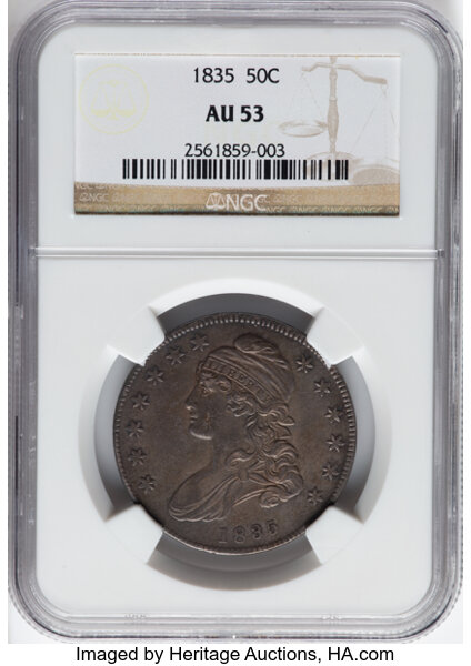 image for: 1835 50C O-110, R.3, AU53 NGC. CDN: $275 Whsle. Bid for NGC/PCGS AU53. Mintage 5,352,006....