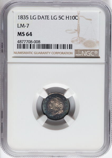 image for: 1835 H10C Large Date, Large 5C, V-4, LM-7, R.3, MS64 NGC. NGC Census: 3 in 64, 3 finer (11/25). CDN: $1,080 Whsle. Bid for ...