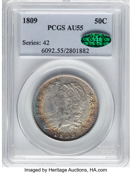 image for: 1809 50C Normal Edge, O-102a, R.1, AU55 PCGS. CAC. CDN: $1,100 Whsle. Bid for NGC/PCGS AU55....