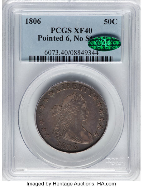 image for: 1806 50C Pointed 6, No Stem, O-109, T-15, R.1, XF40 PCGS. CAC. CDN: $1,400 Whsle. Bid for NGC/PCGS XF40....