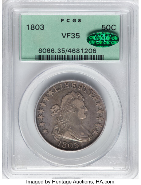 image for: 1803 50C Large 3, Large Reverse Stars, O-103, T-3, R.2, VF35 PCGS. CAC. Housed in a Generation 3.1 green label holder. PCGS...