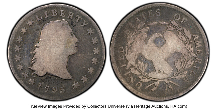 image for: 1795 $1 Flowing Hair, Three Leaves, B-5, BB-27, R.1, Good 4 PCGS. Smooth wear has removed the die markers that allow confir...