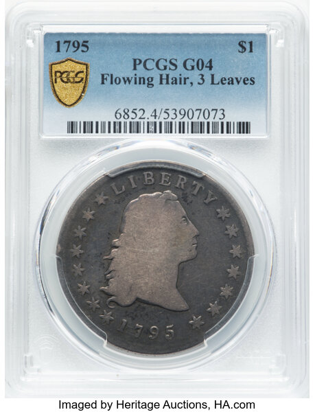 image for: 1795 $1 Flowing Hair, Three Leaves, B-5, BB-27, R.1, Good 4 PCGS. Smooth wear has removed the die markers that allow confir...
