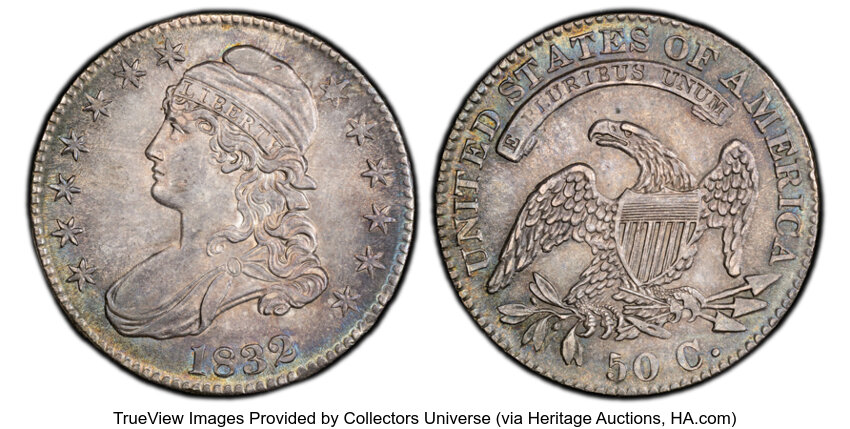 image for: 1832 50C Small Letters, O-116, R.3, MS64 PCGS. One of Liberty's curls pierce the base of the L in LIBERTY and the curve of ...