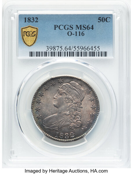 image for: 1832 50C Small Letters, O-116, R.3, MS64 PCGS. One of Liberty's curls pierce the base of the L in LIBERTY and the curve of ...