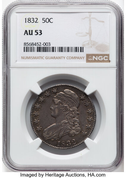 image for: 1832 50C Small Letters, O-103, R.1, AU53 NGC. CDN: $275 Whsle. Bid for NGC/PCGS AU53. Mintage 4,797,000....
