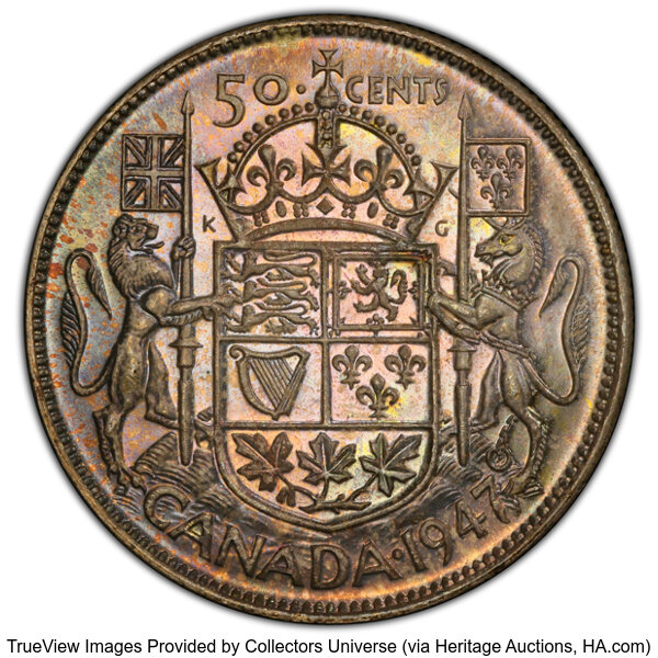 image for: Canada: George VI "Wide Date - Curved 7" 50 Cents 1947 MS65 PCGS,...