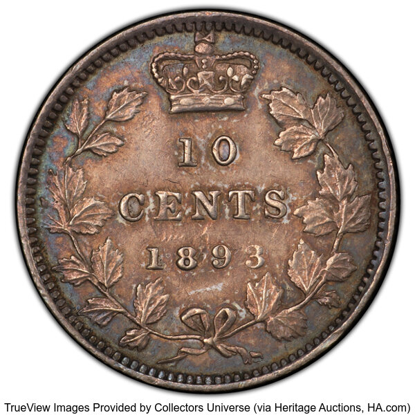 image for: Canada: Victoria "Round Top 3" 10 Cents 1893 AU55 PCGS,...