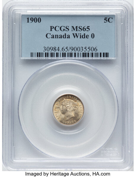 image for: Canada: Victoria "Large Date - Wide 0" 5 Cents 1900 MS65 PCGS,...