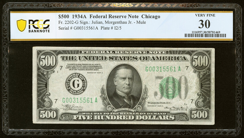 image for: Fr. 2202-G $500 1934A Federal Reserve Note. PCGS Banknote Very Fine 30....