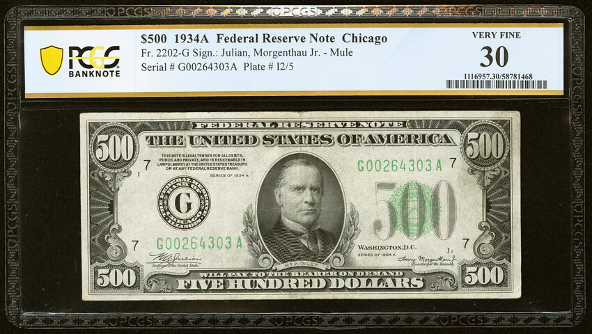 image for: Fr. 2202-G $500 1934A Federal Reserve Note. PCGS Banknote Very Fine 30....