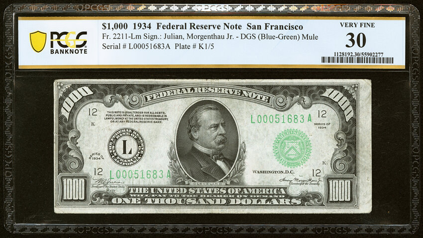 image for: Fr. 2211-L $1,000 1934 Mule Federal Reserve Note. PCGS Banknote Very Fine 30....