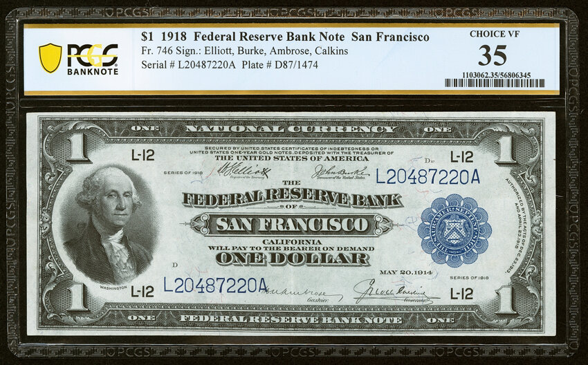 image for: Fr. 746 $1 1918 Federal Reserve Bank Note PCGS Banknote Choice VF 35....