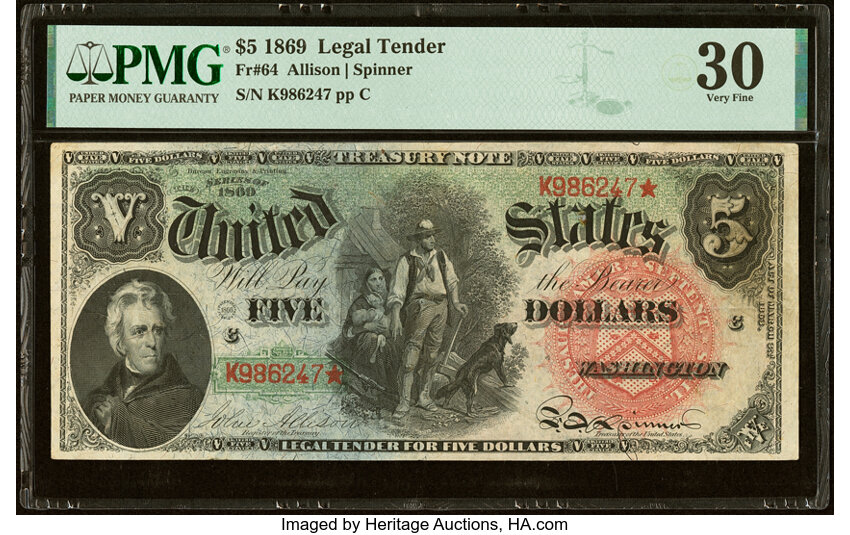 image for: Fr. 64 $5 1869 Legal Tender PMG Very Fine 30....