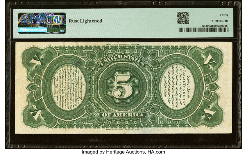 image for: Fr. 64 $5 1869 Legal Tender PMG Very Fine 30....