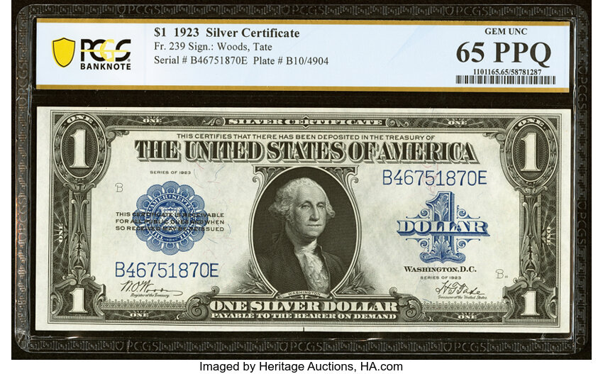 image for: Fr. 239 $1 1923 Silver Certificate PCGS Banknote Gem Unc 65 PPQ....