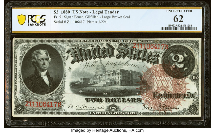 image for: Fr. 51 $2 1880 Legal Tender PCGS Banknote Uncirculated 62....