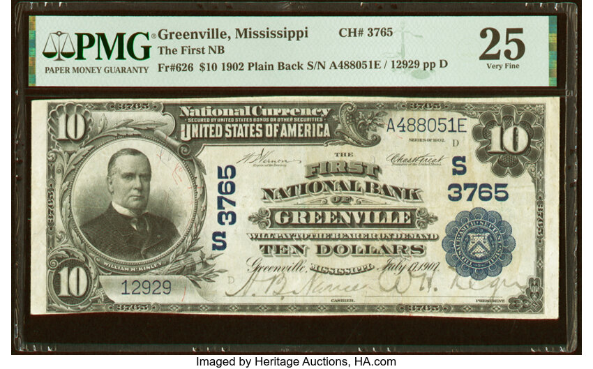 image for: Greenville, MS - $10 1902 Plain Back Fr. 626 The First National Bank Ch. # (S)3765 PMG Very Fine 25....