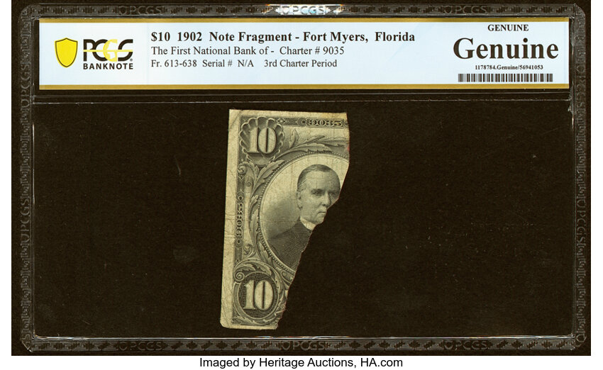 image for: Fort Myers, FL - $10 1902 Fragment Fr. 613-638 The First National Bank Ch. # 9035 PCGS Banknote Genuine....