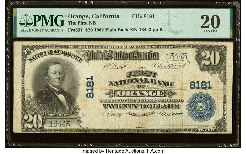 image for: Orange, CA - $20 1902 Plain Back Fr. 651 The First National Bank Ch. # 8181 PMG Very Fine 20....