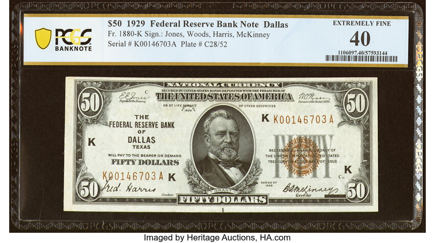 image for: Fr. 1880-K $50 1929 Federal Reserve Bank Note. PCGS Banknote Extremely Fine 40....