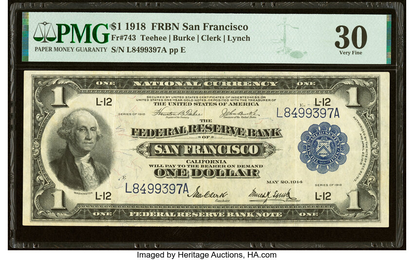 image for: Fr. 743 $1 1918 Federal Reserve Bank Note PMG Very Fine 30....