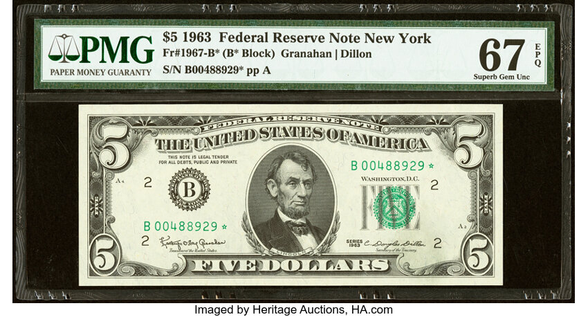 image for: Fr. 1967-B* $5 1963 Federal Reserve Star Note. PMG Superb Gem Unc 67 EPQ....