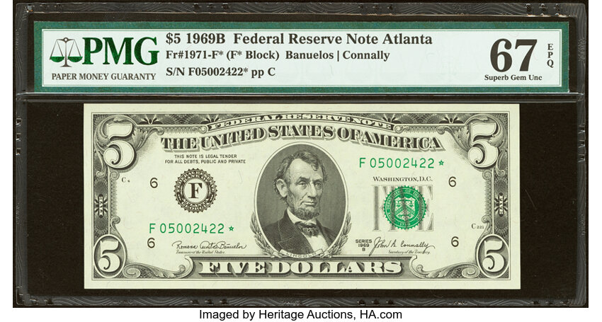 image for: Fr. 1971-F* $5 1969B Federal Reserve Note. PMG Superb Gem Unc 67 EPQ....