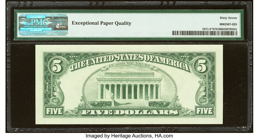 image for: Fr. 1971-F* $5 1969B Federal Reserve Note. PMG Superb Gem Unc 67 EPQ....