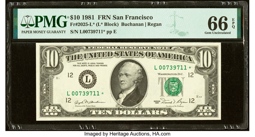 image for: Fr. 2025-L* $10 1981 Federal Reserve Star Note. PMG Gem Uncirculated 66 EPQ....