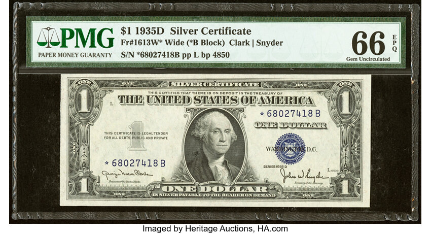 image for: Fr. 1613W* $1 1935D Silver Certificate Star Note. *-B Block. PMG Gem Uncirculated 66 EPQ....
