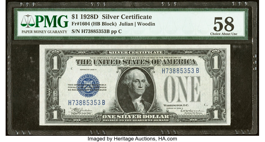 image for: Fr. 1604 $1 1928D Silver Certificate. H-B Block. PMG Choice About Unc 58....