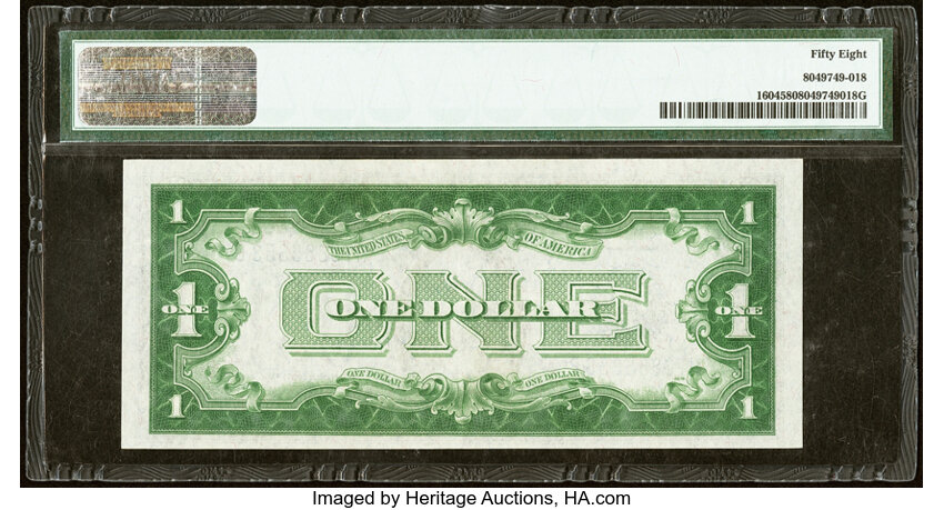 image for: Fr. 1604 $1 1928D Silver Certificate. H-B Block. PMG Choice About Unc 58....