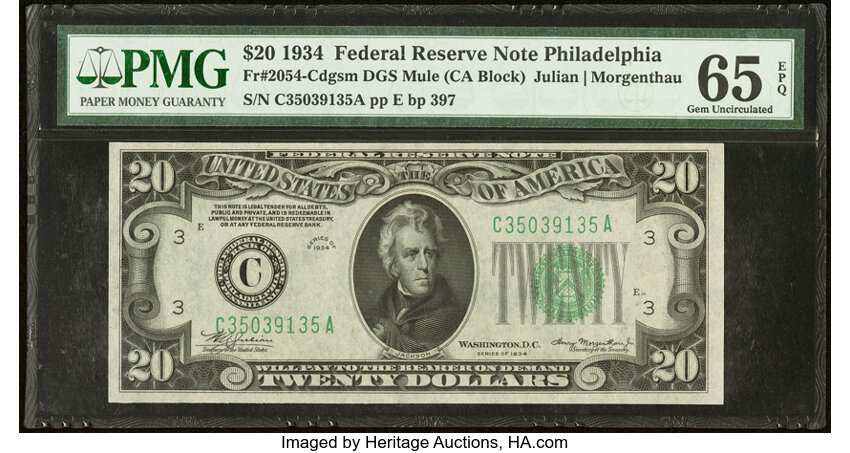 image for: Fr. 2054-C $20 1934 Federal Reserve Note. PMG Gem Uncirculated 65 EPQ....