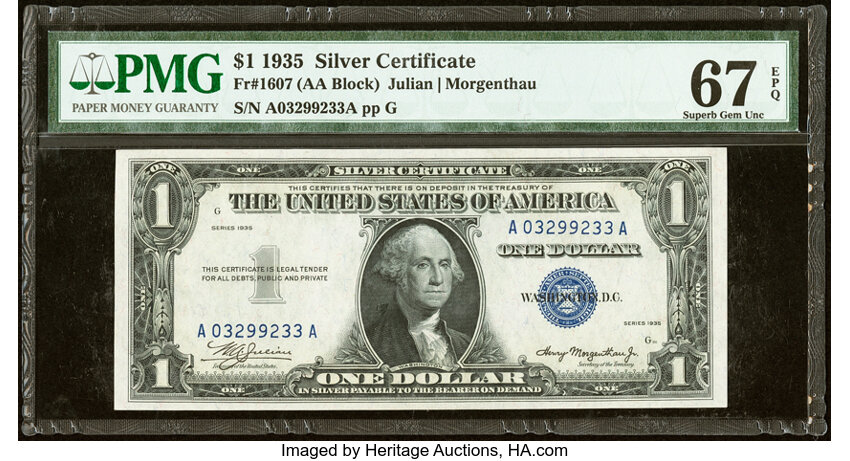 image for: Fr. 1607 $1 1935 Silver Certificate. PMG Superb Gem Unc 67 EPQ....
