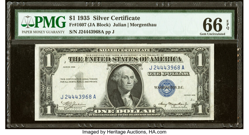 image for: Fr. 1607 $1 1935 Silver Certificate. PMG Gem Uncirculated 66 EPQ....